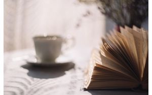Open book with fanned pages, and a teacup out of focus in the background