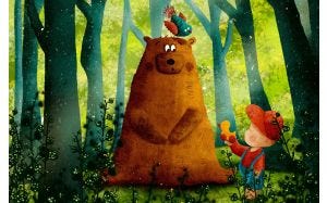 Illustrated image of a small boy, a bear and a bird grouped in a green forest