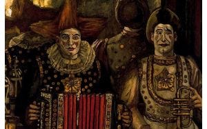 Painting of two clowns sat, holding instruments, looking obliquely outwards 