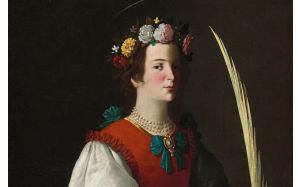 A painting of a young woman in 17th century dress, she holds a palm frond and a garland of flowers in her hair  