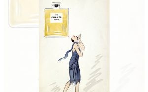 Drawing of a woman in a 1920s blue flapper dress looking up at a bottle of Chanel No 5
