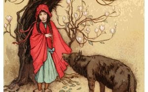 Illustration of Little Red Riding Hood and the wolf
