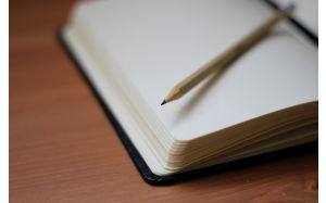 Close-up of an open notebook with a pencil laid across the page